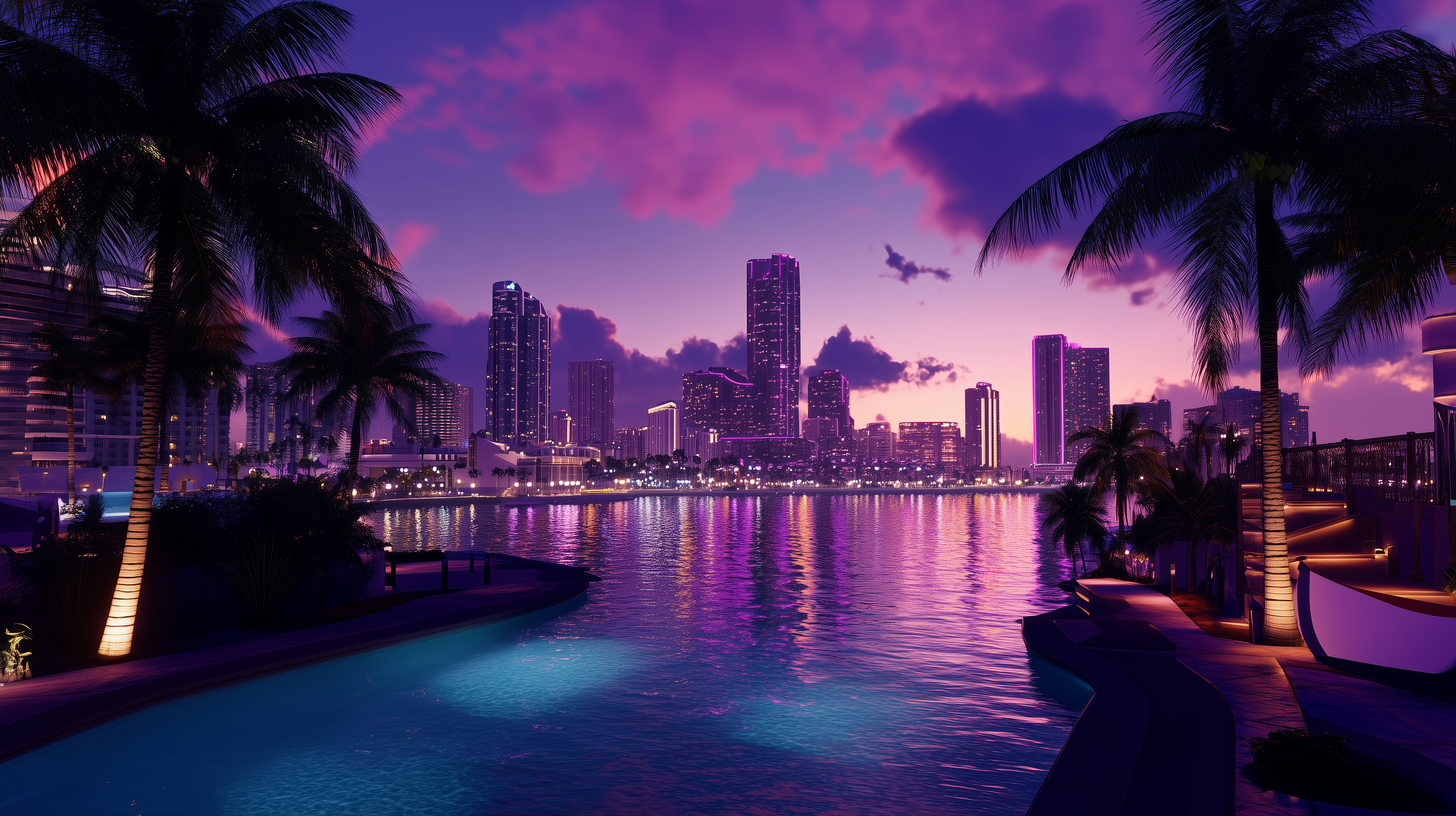 The vibrant colors of sunset illuminate a city skyline in Miami, with palm trees framing the scene. The water reflects the evening lights, creating a picturesque atmosphere.