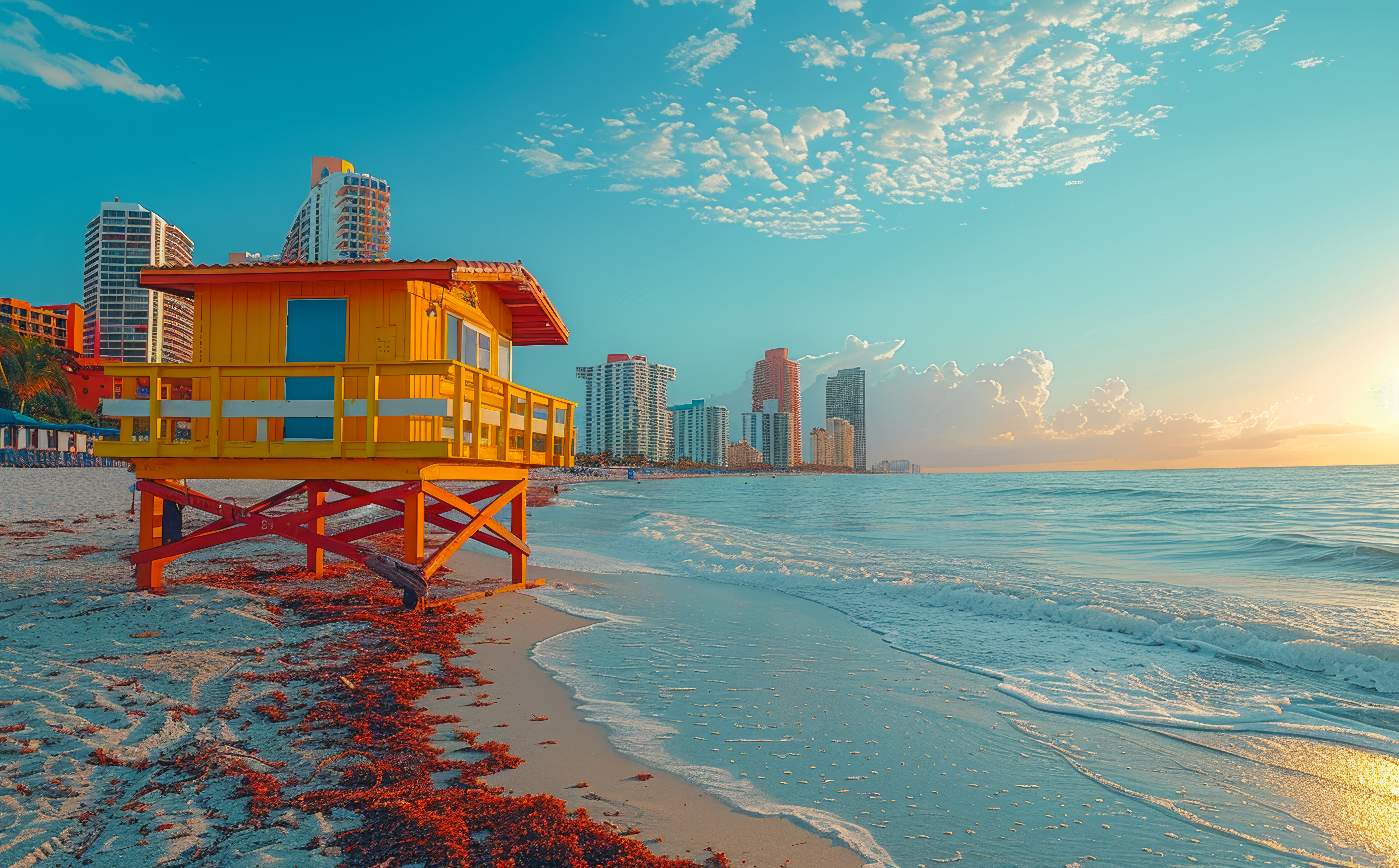 Colorful lifeguard house in Miami Beach on beautiful summer morning.